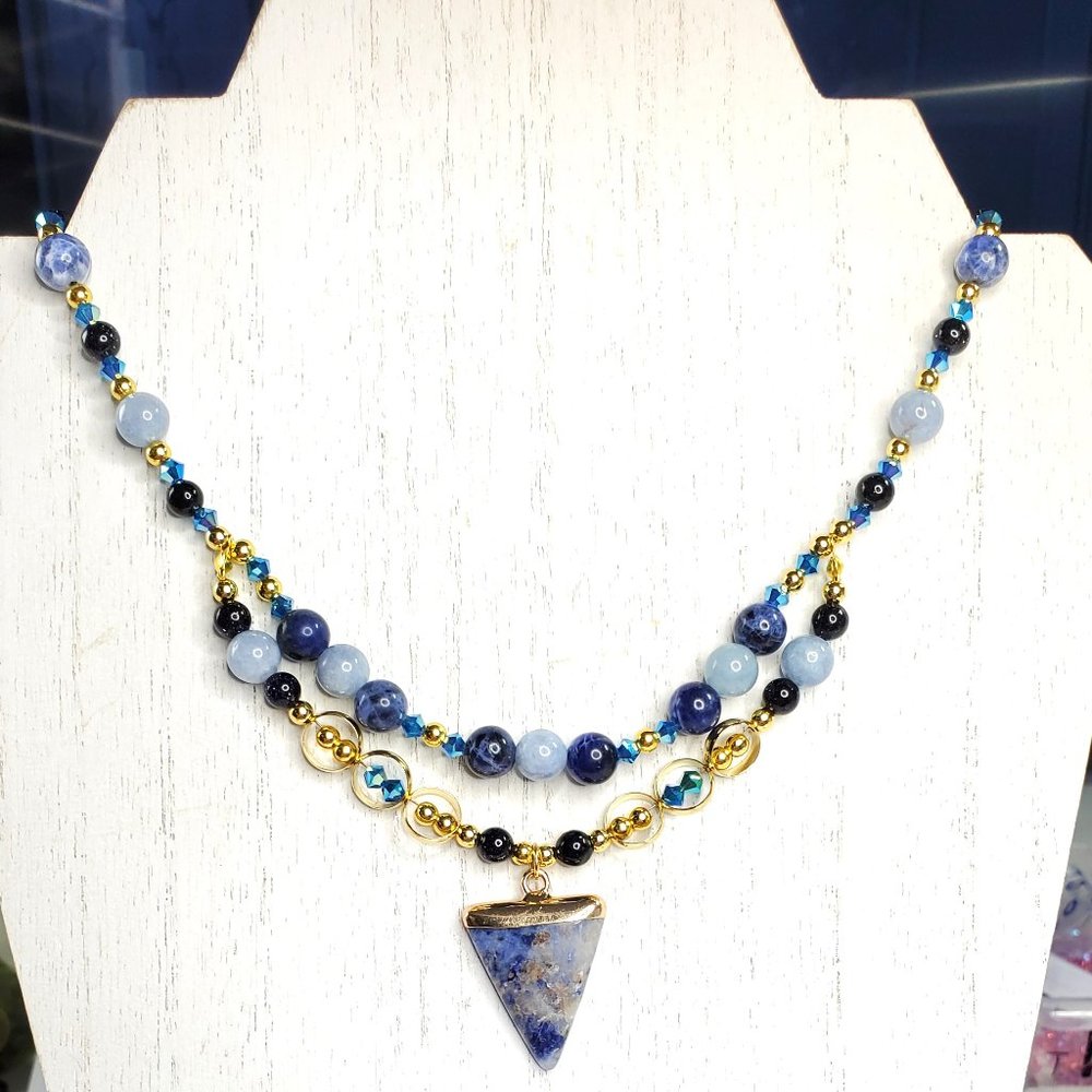 Blue & Gold Gemstone Necklace with Agate, Sodalite, and Goldstone Beads along wi